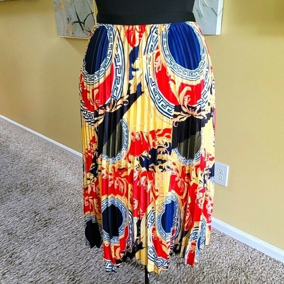 Plus Pleated Versace Inspired Floral Printed Long High Waist Colored Skirt 2X - Picture 5 of 5